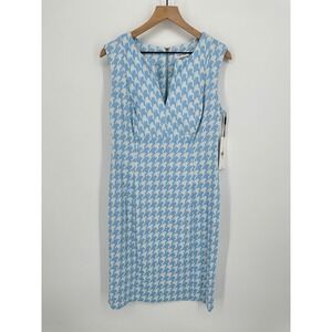 Calvin Klein Sheath Dress Womens 12 Blue White Houndstooth Sleeveless V-Neck New